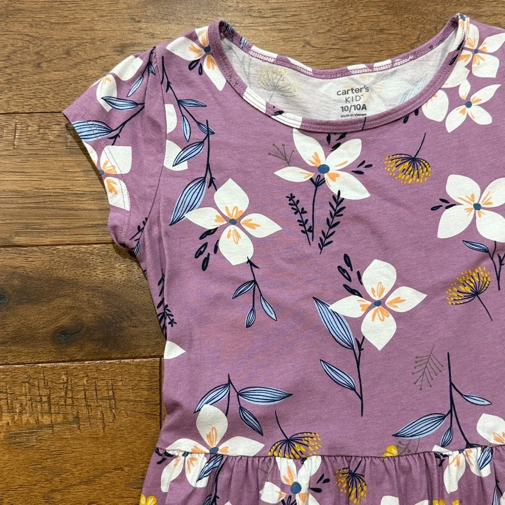 Carter’s Kid Girls Short-Sleeve Flowered Purple Dress - Size 10/10A